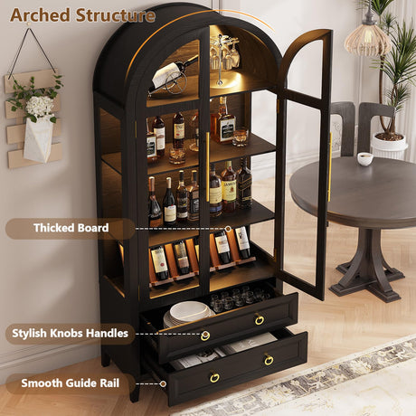 LVSOMT 71" Tall Arched Storage Cabinet with Glass Doors and Drawers, Curio Display Cabinet with Adjustable LED Light & Human Sensor, 4-Tier China Cabinet for Living Room(Black) LVSOMT