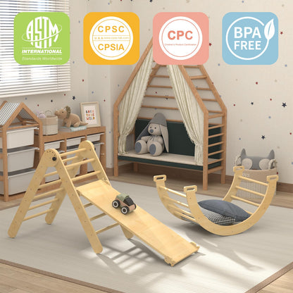 Wanmwill Pikler Triangle Set, 5 in 1 Toddler Climbing Toys, Wooden Montessori Climbing Set with Foldable Ladder & Arch & Ramp, Baby Climber Jungle Gym, Kids Indoor Playground（Natural）