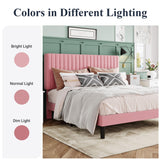 Allewie Queen Bed Frame, Velvet Upholstered Platform Bed with Adjustable Vertical Channel Tufted Headboard, Mattress Foundation with Strong Wooden Slats, Box Spring Optional, Easy Assembly, Pink Allewie