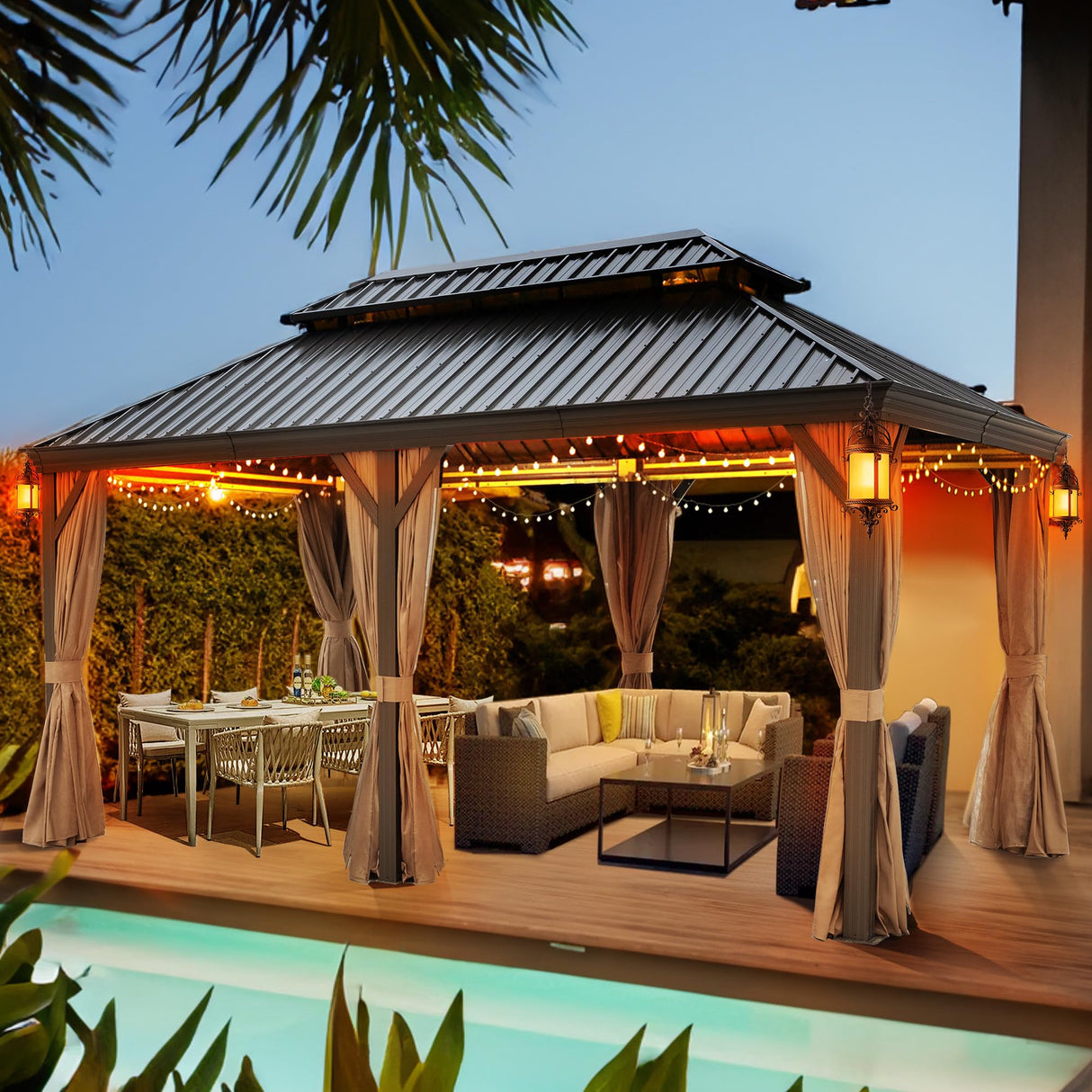 NOBLEMOOD 12' x 20' Outdoor Hardtop Gazebo with Curtain and Netting, All Weather Patio Gazebos with Metal Hard Top Roof for Backyard Deck Garden NOBLEMOOD