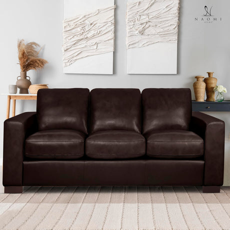 Naomi Home Freya Genuine Leather Sofa - Luxurious Comfort, Goose Feather Cushion Filling, Square Arm Design, Sturdy Block Legs, Elegant Espresso - Ideal for Living Room, Office, or Bedroom Naomi Home