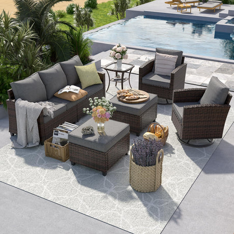 UDPATIO Patio Furniture Set, 6 Pieces Outdoor Sectional Couch with Swivel Rocking Chair, Brown Wicker Rattan Conversation Sofa, 4" Thick Cushion for Garden Backyard Deck, Dark Grey UDPATIO