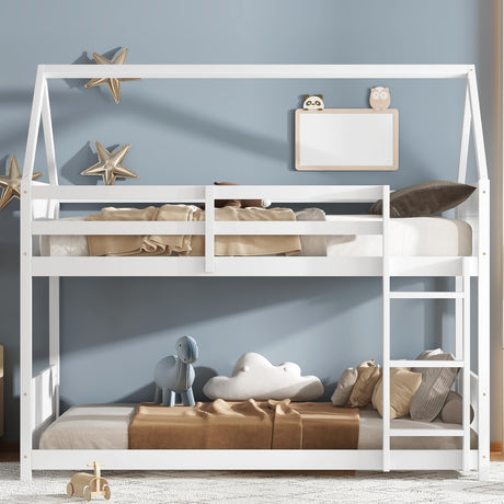 SOFTSEA Twin Over Twin Wood House Bunk Bed with Headboards and Footboards, Floor Bunk Bed Frame with Guardrails and Ladder, for Girls Boys Bedroom, White SOFTSEA