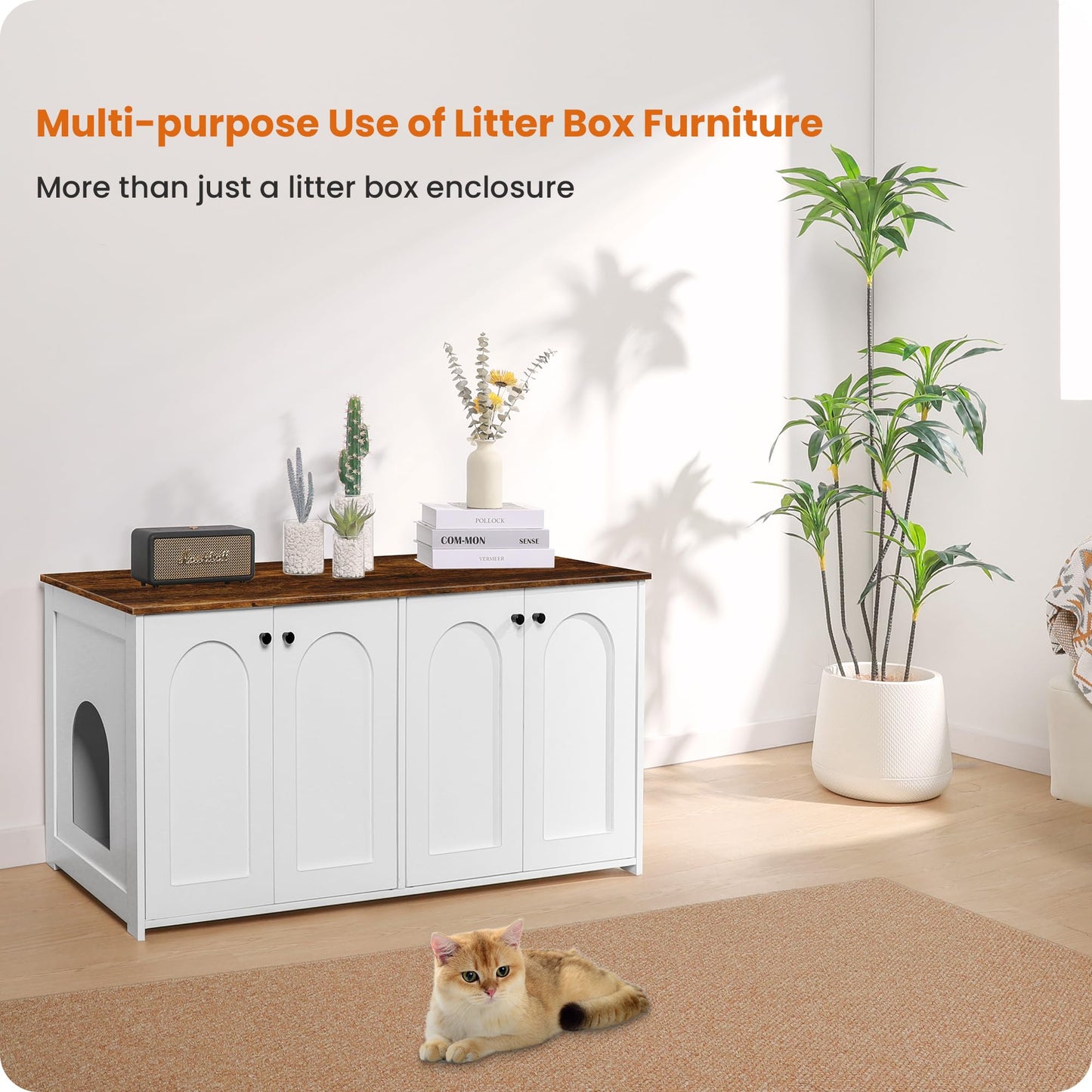 Dwanton Litter Box Enclosure for 2 Cats, Cat Litter Box Furniture Hidden with Double Rooms, Dual Cat Litter House, Large Wooden Cat House Indoor, TV Stand, Fit Most of Litter Box, White+Rustic Brown