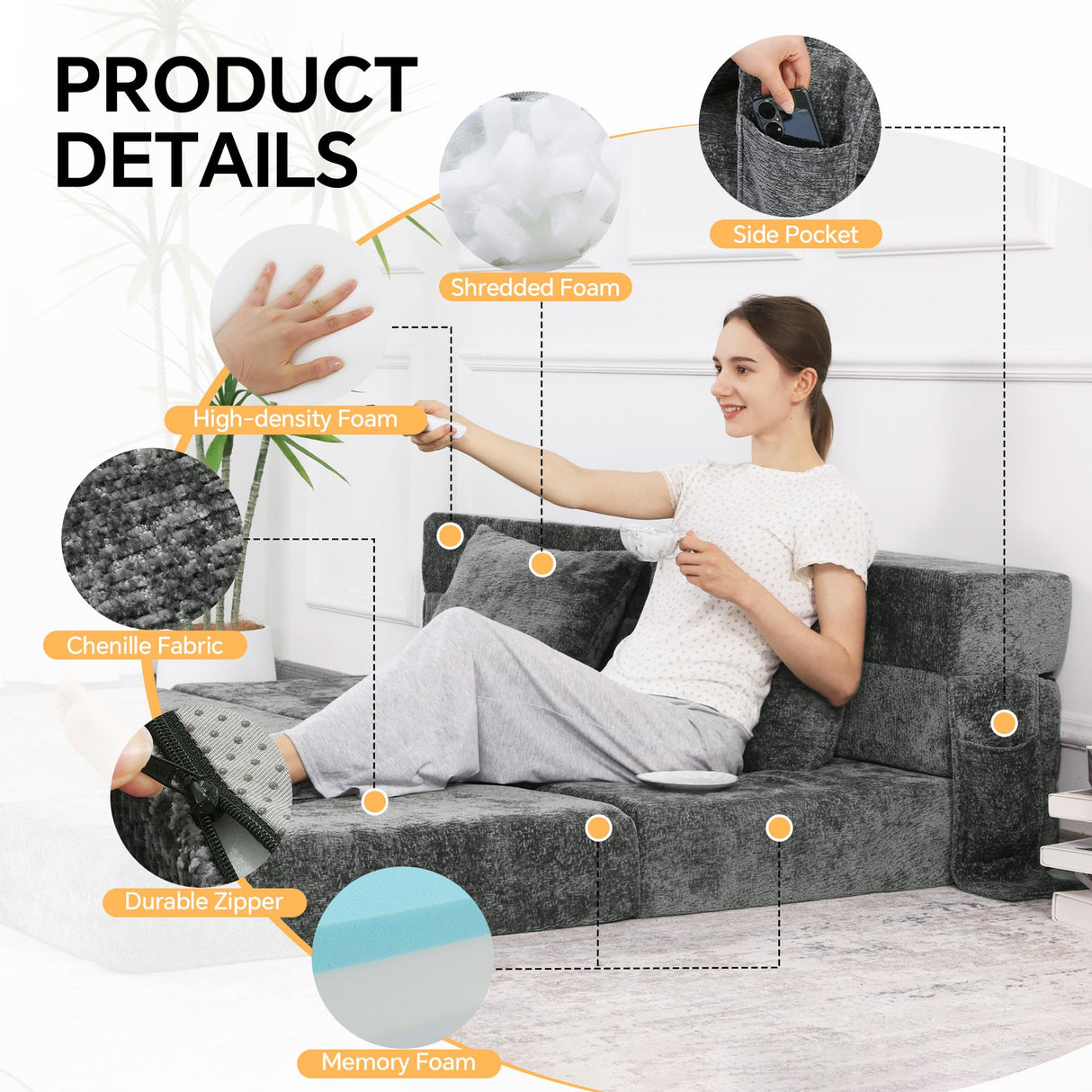 HOMBYS Folding Sofa Bed - Convertible Sleeper Chair with Pillow, 2-Layer Memory Foam Futon Couch, Multi-Functional Lazy Sofa for Living Room/Dorm/Guest Room/Home Office, Removable Cover, Grey HOMBYS