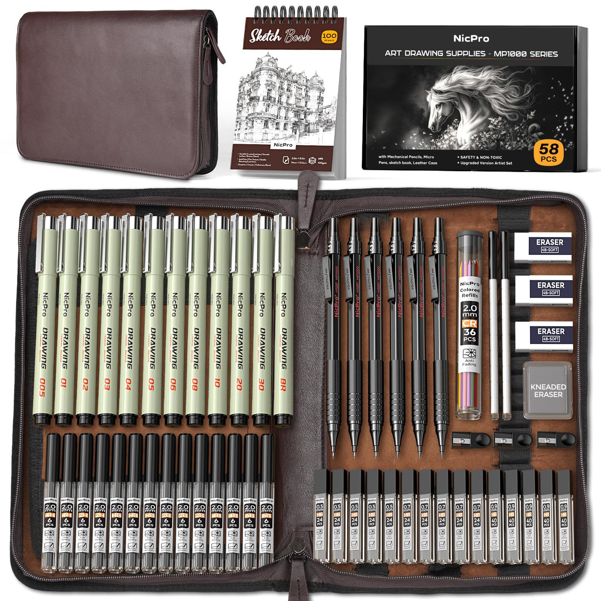 Nicpro 58PCS Art Drawing Supplies Kit in Leather Case, MP1000 Black Metal Mechanical Pencil Set with Drafting Pencil 0.5, 0.7, 0.9 & 2mm, 12 Micron Pen, Sketch Book, 30 Tube Lead Refills for Sketching Nicpro