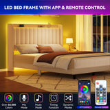 YITAHOME Queen Bed Frame with Adjustable Velvet Wingback Headboard 43.3"-47.4", Upholstered Platform Bed with LED Lights, Solid Wood Slat Support, No Box Spring Needed,Beige YITAHOME