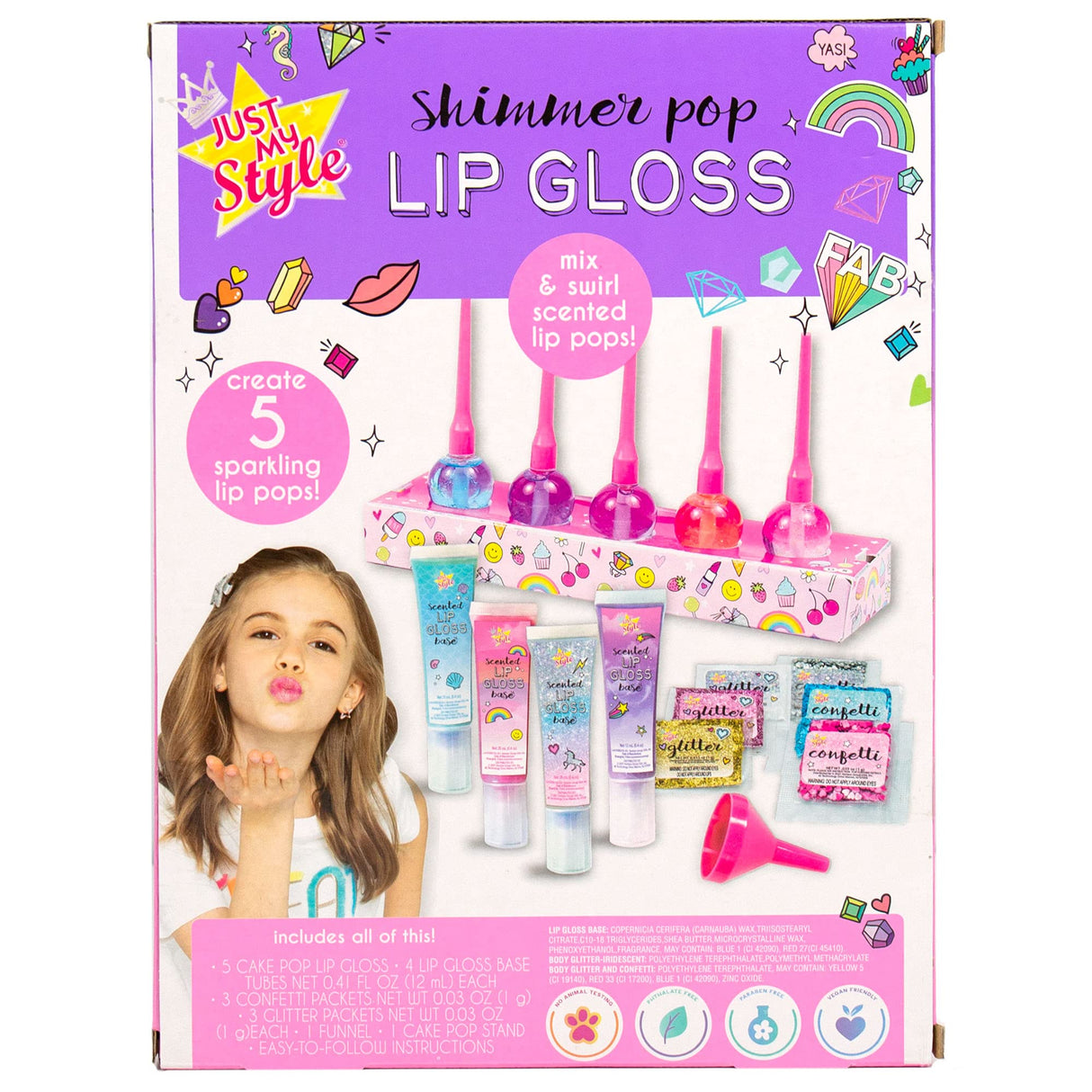 Just My Style Shimmer Pop Lip Gloss, Create 5 Lollipop-Shaped Lip Glosses, Includes Funnel, Empty Lip Gloss Containers, Sweet Lip Gloss Base, Body Glitter & More, DIY Lip Gloss, Multi (208316J) Just My Style