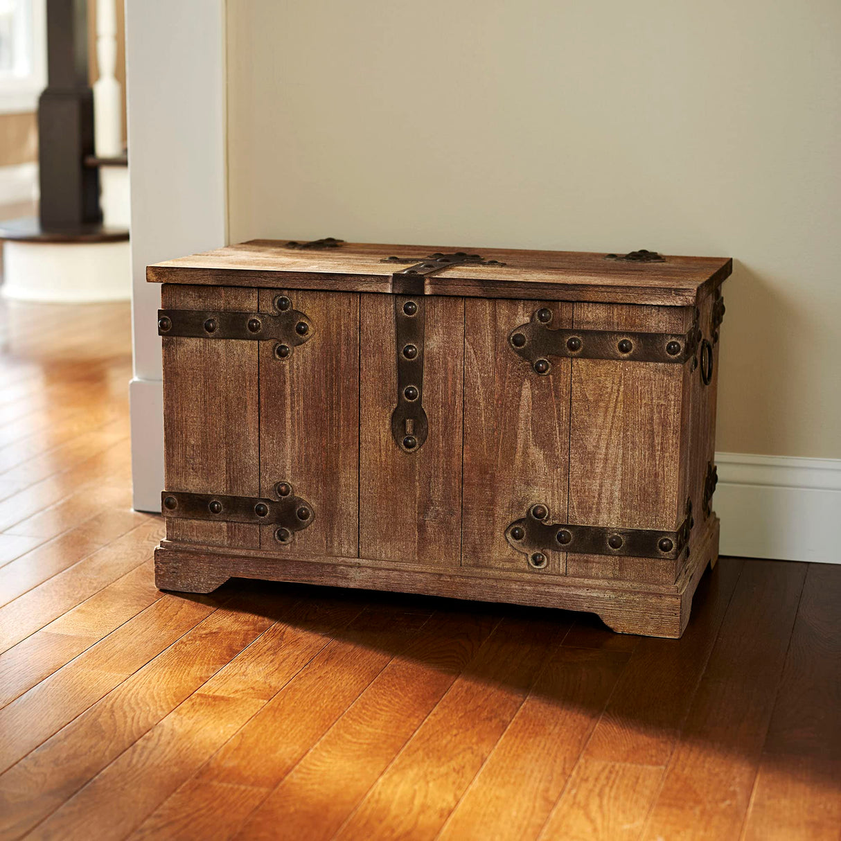 Household Essentials Decorative Trunk, Victorian, Large, Chinese Fir Wood, Aged-Wood Finish with Metal Accents, Fully Opening Lid, Stout Design, Ring Handles Household Essentials