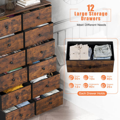 EnHomee 12 Drawer Dresser with Wooden Top and Metal Frame, Tall Fabric Dresser & Chest of Drawers for Bedroom Closet Living Room, Rustic Brown, 11.8" D x 34.7" W x 52.4" H - WoodArtSupply