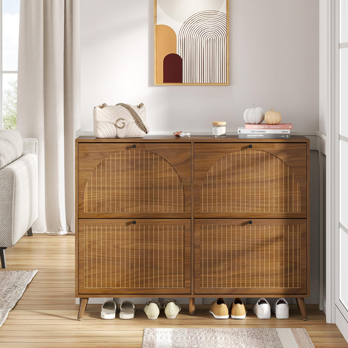 Fsbecl Shoe Storage Cabinet for Entryway with 4 Flip Drawers, Narrow Shoe Organizer with Fluted Panel, Freestanding Wood Hidden Shoe Cabinet for Foyer, Hallway (Walnut, 4 Flip Drawers) Fsbecl