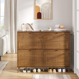 Fsbecl Shoe Storage Cabinet for Entryway with 4 Flip Drawers, Narrow Shoe Organizer with Fluted Panel, Freestanding Wood Hidden Shoe Cabinet for Foyer, Hallway (Walnut, 4 Flip Drawers) Fsbecl