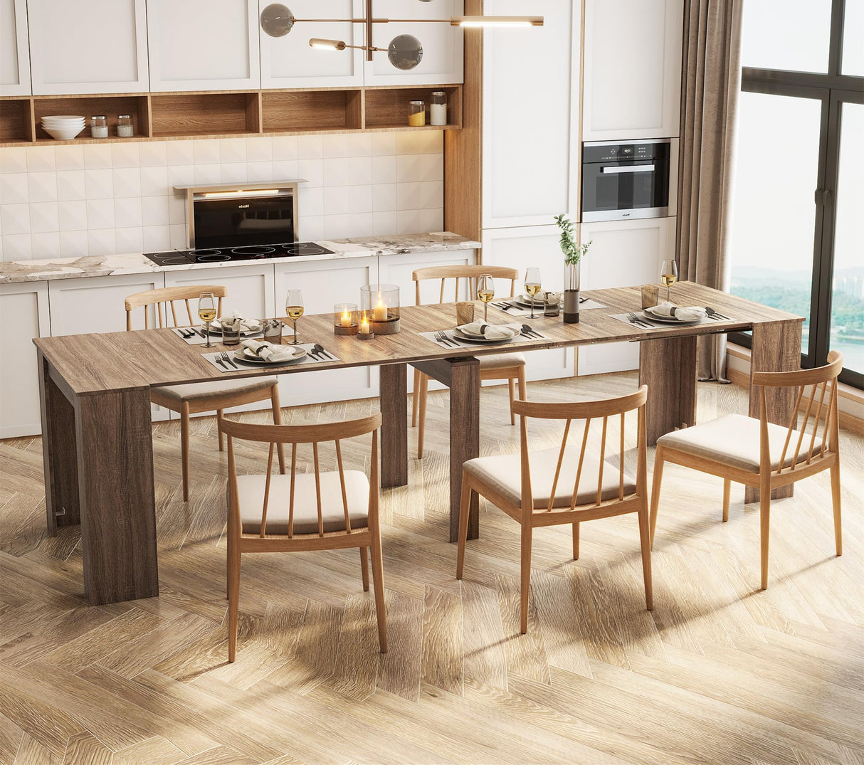 Maotifeys Rustic Wood Extendable Dining Room Table 118" Large Expandable Dining Tables for 6 8 10 12 People Industrial Transformer Kitchen Table Space Saving for Family Gathering (Oak) Maotifeys