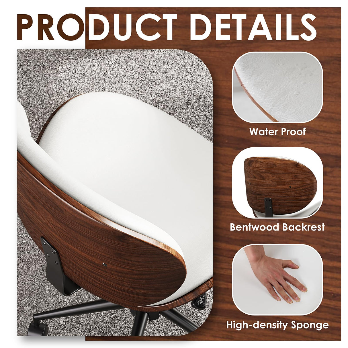 LUXOAK Ergonomic Home Office Desk Chair Set of 2, Mid-Century Modern Armless Chair with PU Leather/360°Swivel Wheels/Seat Height Adjustable for Office, Study, White LUXOAK