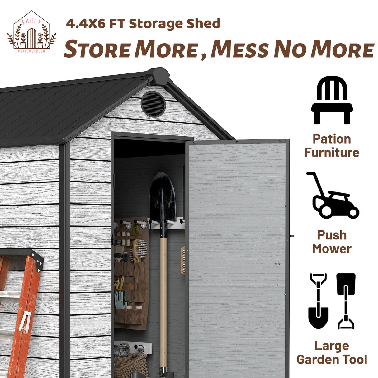 EHHLY 4.4x6 FT Resin Outdoor Storage Shed Large, 230 Cuft Garden Tool Sheds & Outdoor Storage Plastic Shed with Floor, 7FT Tall Backyard Outside Lawn Mower Storage Shed with Side Window, Cemented Grey EHHLY