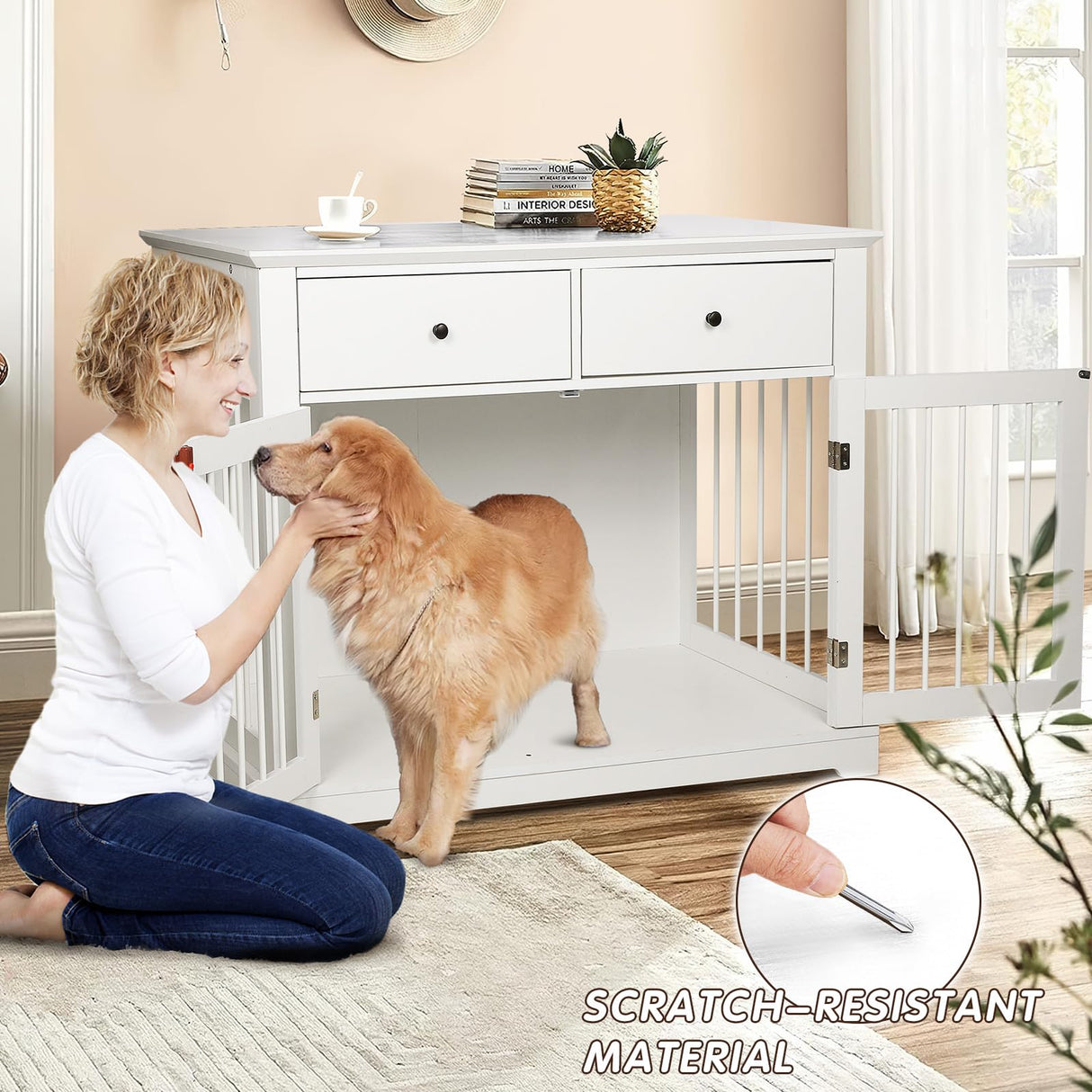 PUKAMI Dog Crate Furniture with Drawers,44inch Wooden Dog Kennel Furniture for Large Breed,End Table Wood Dog House for Indoor use,Dog Crate for Small/Medium/Large Dog(White) PUKAMI