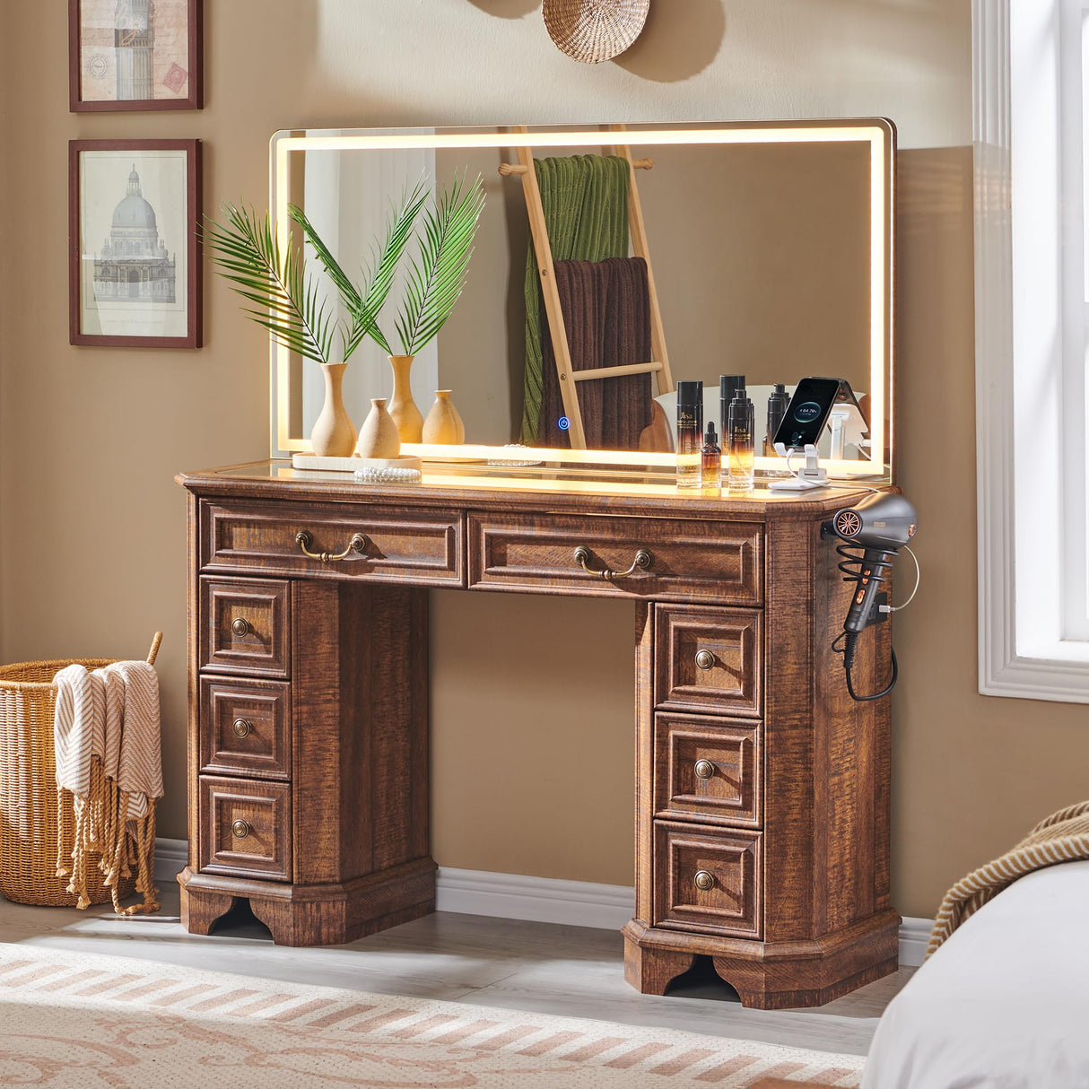 T4TREAM Makeup Vanity Desk with 48" HD Lighted Mirror, Farmhouse Vanity Desk with 8 Drawers, Vanity Table with 3 Color Modes, Dressing Table with Glass Top and Power for Bedroom(Reclaimed Barnwood) T4TREAM