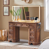 T4TREAM Makeup Vanity Desk with 48" HD Lighted Mirror, Farmhouse Vanity Desk with 8 Drawers, Vanity Table with 3 Color Modes, Dressing Table with Glass Top and Power for Bedroom(Reclaimed Barnwood) T4TREAM