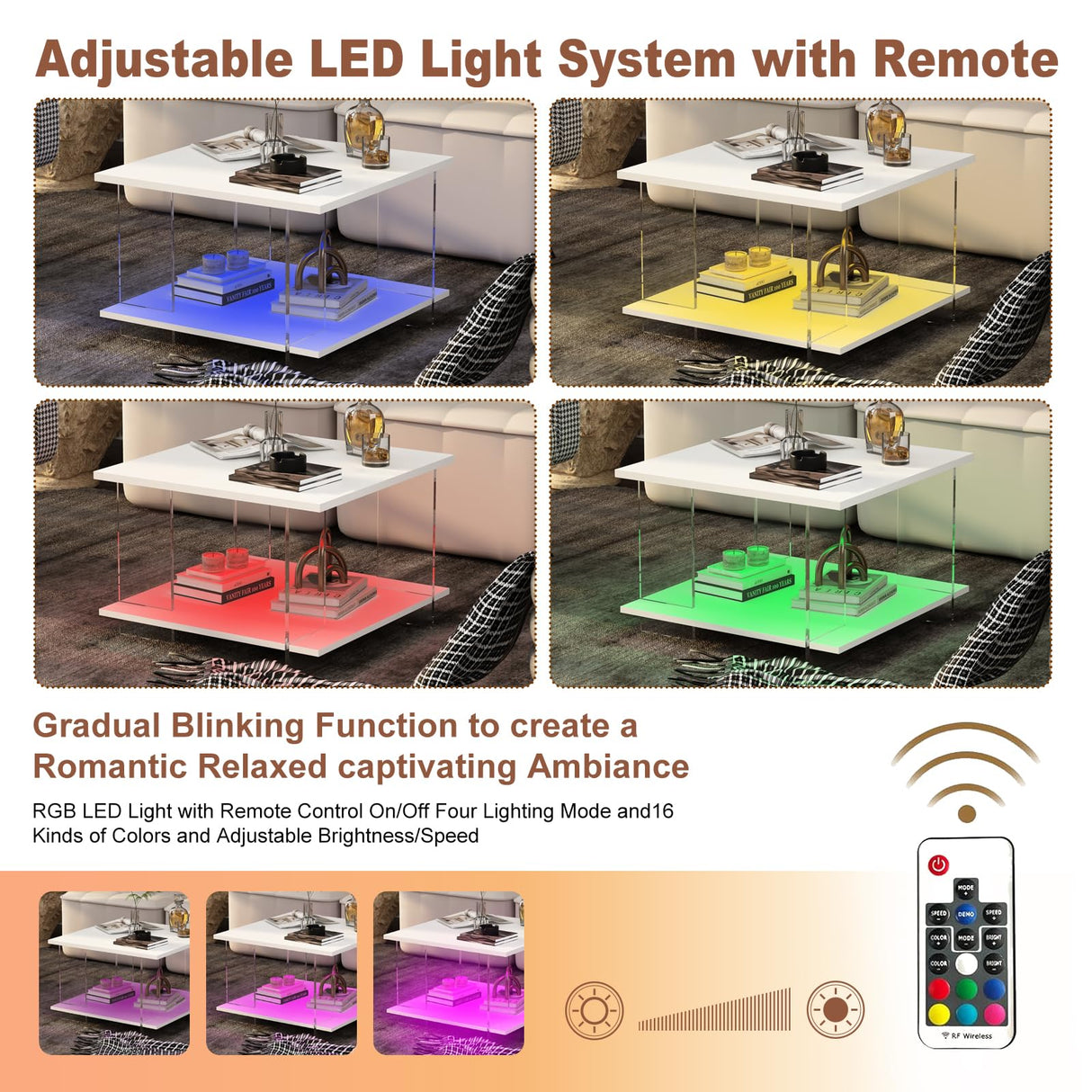 HedoAjim 24" Acrylic Coffee Table with White Wood Tabletop, Minimalist Stylish Modern Square Center Table for Living Room,Led Living Room Table with Storage Shelf & Acrylic Frame for Small Space HedoAjim