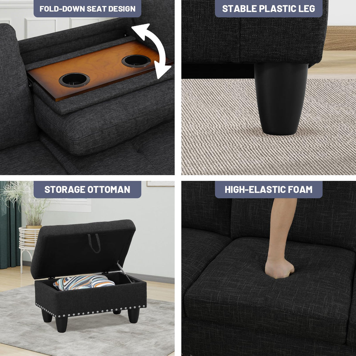 L Shaped Modular Sectional Sofa with Reversible Chaise Lounge, 5-Seater Corner Couch, Linen Upholstery Convertible Sofá w/Movable Ottoman, Cup Holders, 2 Pillows and Rivet Ornament for Living Room NicBex