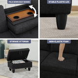 L Shaped Modular Sectional Sofa with Reversible Chaise Lounge, 5-Seater Corner Couch, Linen Upholstery Convertible Sofá w/Movable Ottoman, Cup Holders, 2 Pillows and Rivet Ornament for Living Room NicBex