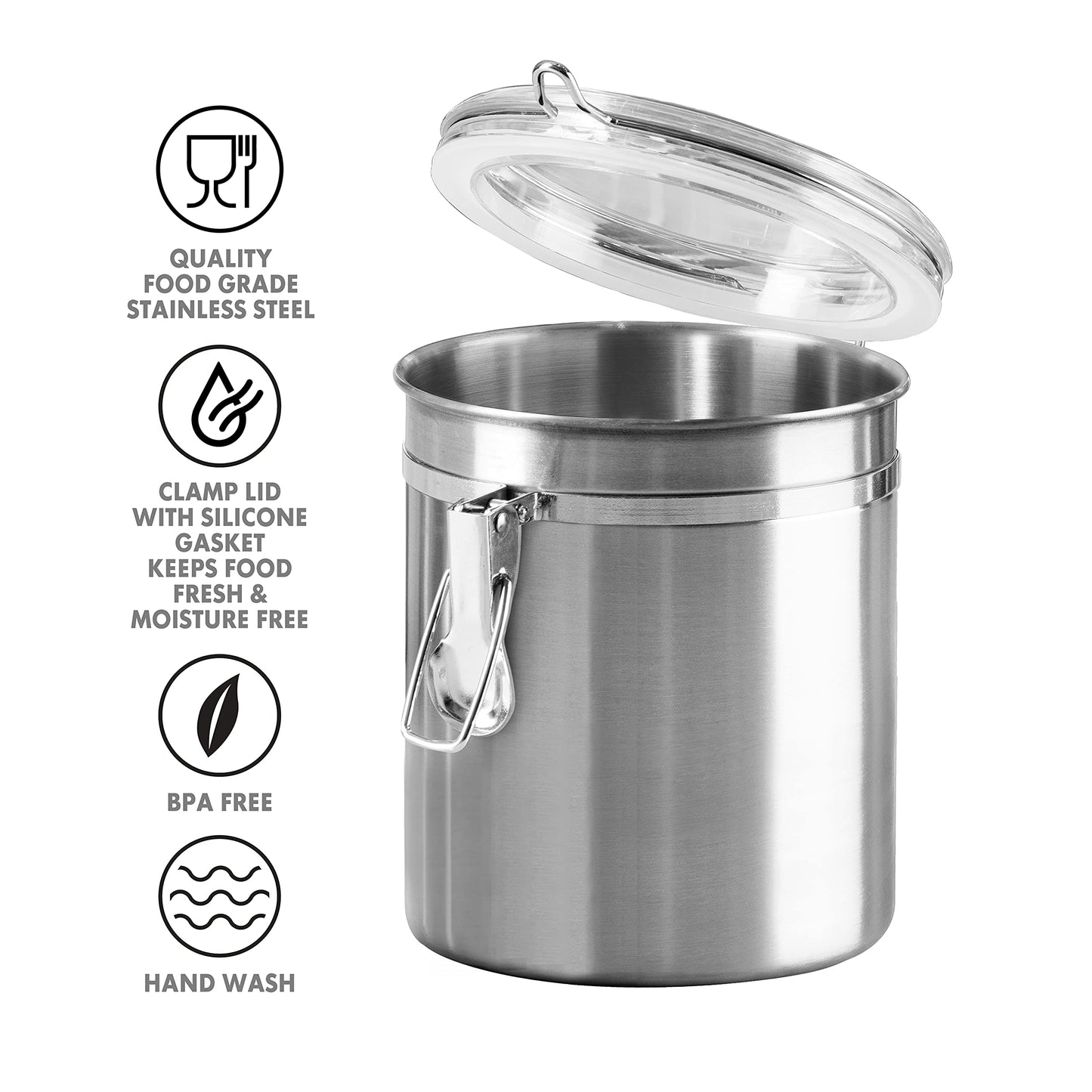 Oggi Set of 4 Stainless Steel Kitchen Canisters - Airtight Clamp Lid, Clear See-Thru Top - Ideal for Kitchen Storage, Food Storage, Pantry Storage - Includes 1 each: 26oz, 36oz, 47oz, 62oz.