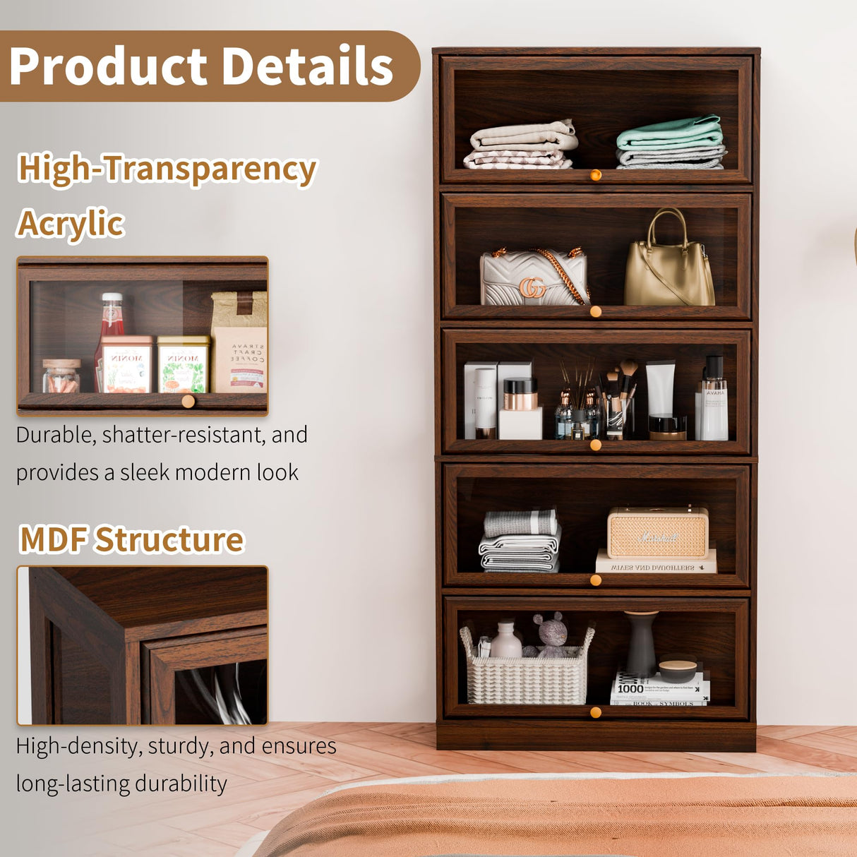 BONITURE Display Cabinet with Acrylic Glass Doors,5-Tiers Curio Cabinet with LED Lighting for Collectibles, Collectibles Toy Organizers Rack & Display Shelf Display Case Storage Cabinet, Walnut BONITURE