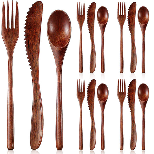 Wooden Cutlery Set For Dinner, Kitchen Flatware Tableware Utensil Set Includes Spoon, Fork, Knife (12 Pieces)