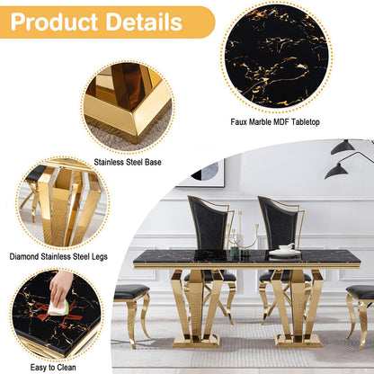 70'' Marble Dining Table,Luxury Rectangular Kitchen Dining Room Table,Dining Table for 4-8 People with Gold U-Shape Stainless Steel Base for Dining Room, Kitchen (Black & Gold-4) - WoodArtSupply