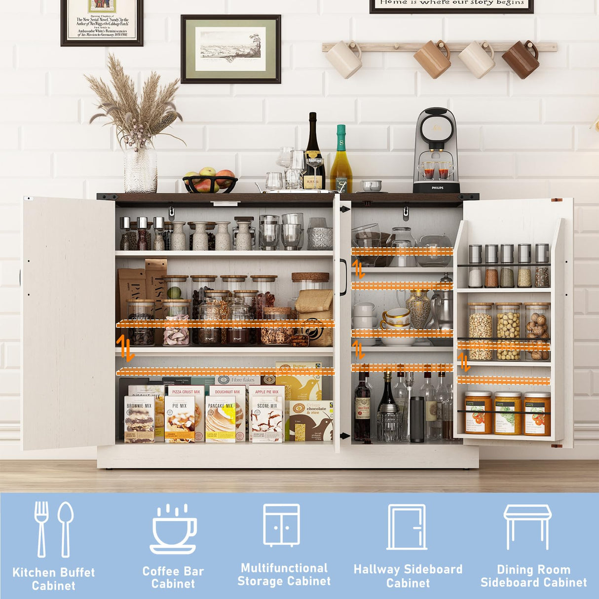 Sideboard Buffet Cabinet with Storage - 47.2 Inch Farmhouse Kitchen Sideboard Cabinets with Adjustable Shelves, Wooden Coffee Bar Storage Cabinet Buffet Table for Kitchen, Dining Room, White chartustriable