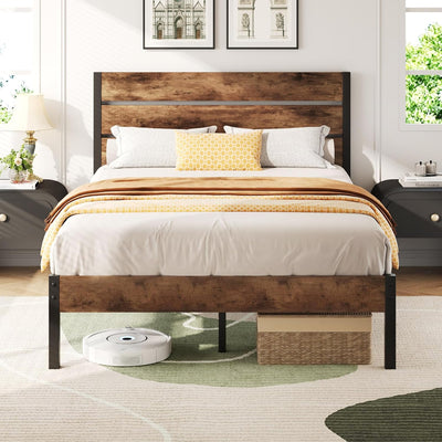Lifezone Full Bed Frame with Headboard and Footboard, Metal Full Bed Frame with Under-Bed Storage, All-Metal Support System, No Box Spring Needed, Easily Assemble, Vintage Brown