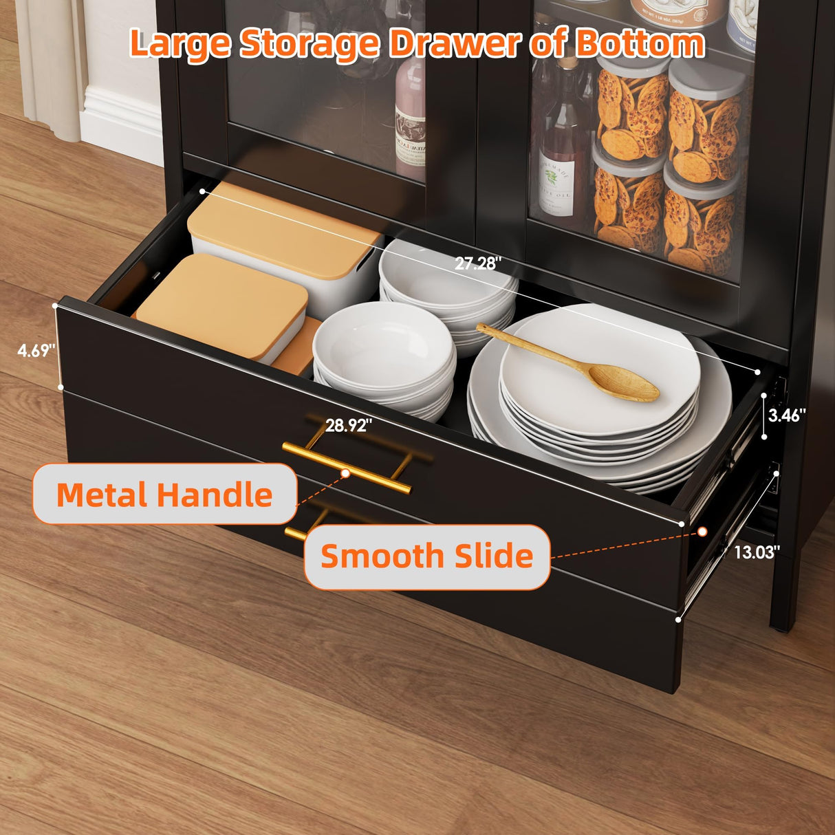 GangMei 73'' Metal Tall Arched Display Cabinet with Glass Doors, Freestanding Black Arch Bookcase with 2 Drawers, Kitchen Pantry Cabinet for Home Office Living Room GangMei