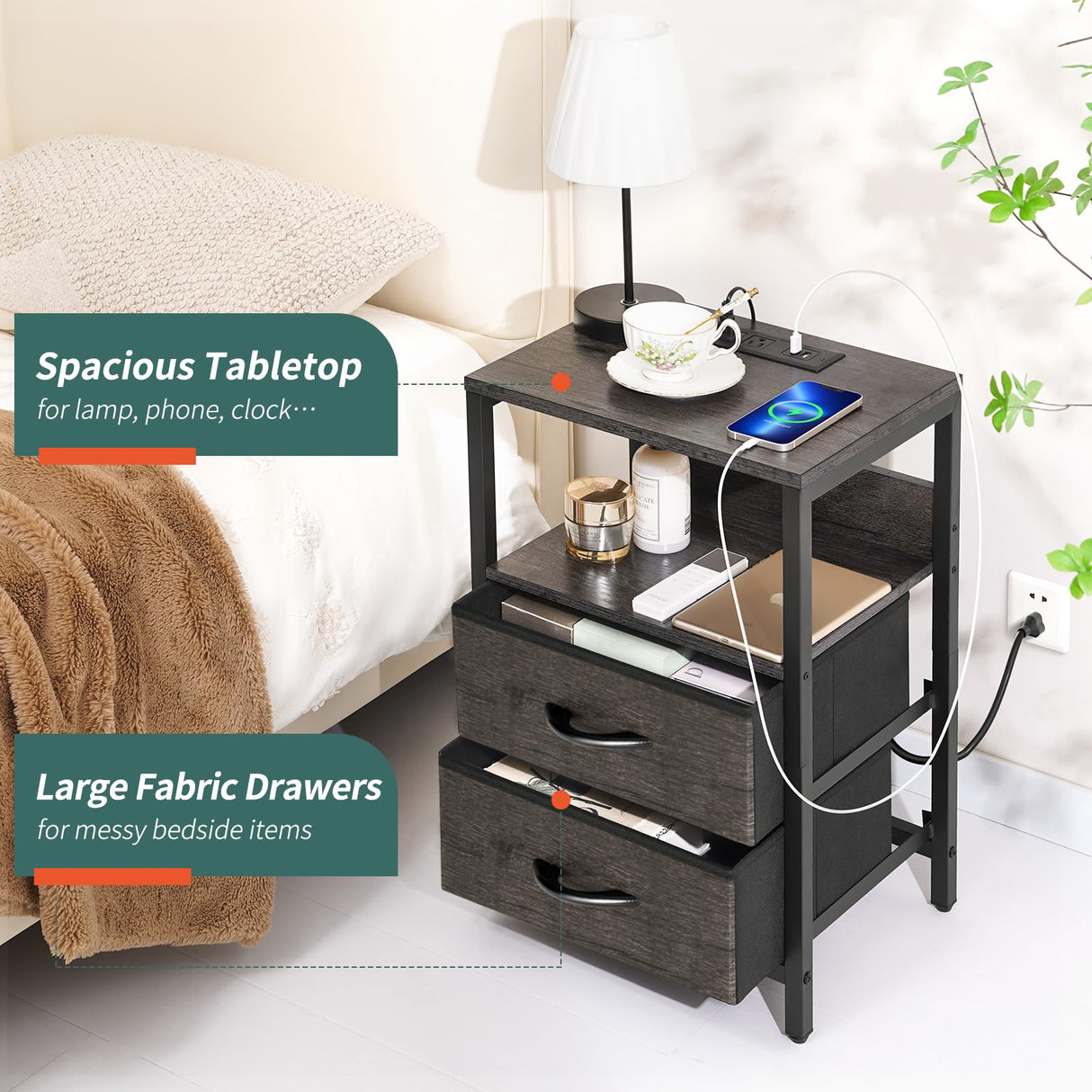 Yoobure Nightstand with Charging Station, Small Night Stand with Fabric Drawers and Storage Shelf for Bedrooms, Nightstands for Small Spaces, Bedside Table with USB Ports & Outlets, Bed Side Table Yoobure