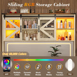 75.2" Farmhouse Vanity Desk with Mirror and Lights, Makeup Vanity Table with 5 Drawers & 2 Sliding RGB Door & Power Outlet, 3 Color Lighting Modes, Big Vanity for Bedroom, Antique White CSZZD