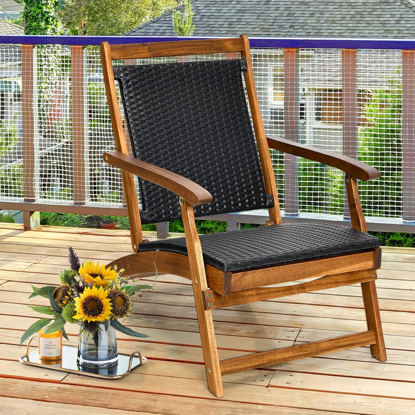 Tangkula Acacia Wood Folding Chaise Lounge Chair, Patiojoy Outdoor Foldable Deck Chair, Portable Wicker Lounger with Retractable Footrest, Collapsible Armchair Ideal for Garden, Poolside, Courtyard