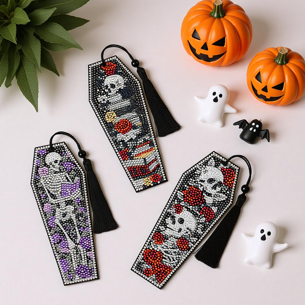 8 Pcs Gothic Skeleton Diamond Art Bookmarks Kit, Skull Halloween Diamond Painting Bookmarks with Tassels for Adults, DIY Horror Book Mark Craft Set for Women Men Reading Lovers CRASHOT