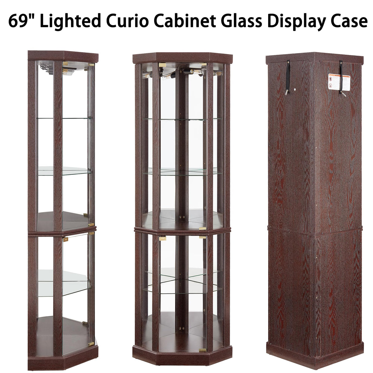 TRJQBCC 69" H Lighted Corner Display Cabinet, Curio Corner Glass Cabinet w/Adjustable Shelves & Glass Door, 5-Tier Wooden Storage Display Case w/Mirrored Back Pane for Living Room(Dark Cherry) TRJQBCC