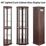 TRJQBCC 69" H Lighted Corner Display Cabinet, Curio Corner Glass Cabinet w/Adjustable Shelves & Glass Door, 5-Tier Wooden Storage Display Case w/Mirrored Back Pane for Living Room(Dark Cherry) TRJQBCC