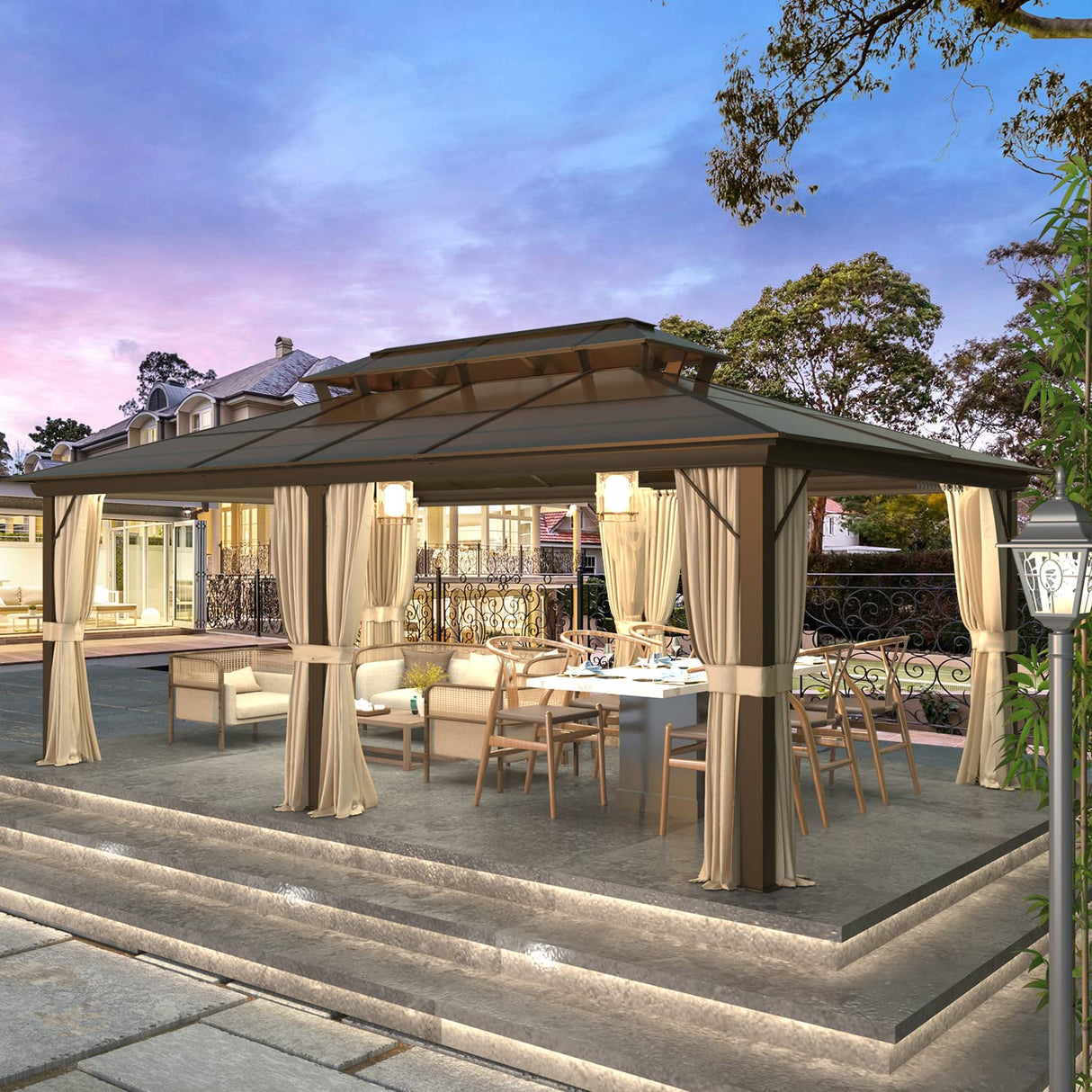 YOLENY 12'x20' Hardtop Gazebo, Outdoor Polycarbonate Double Roof Canopy, Aluminum Frame Permanent Pavilion with Curtains and Netting, Sunshade for Garden, Patio, Lawns YOLENY