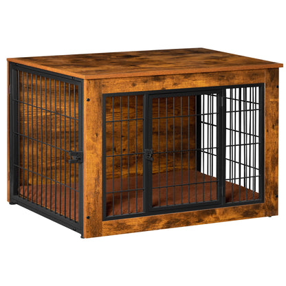 Bigrab Dog Crate Furniture with Thick Cushion, Side End Table Wooden Dog Cage with Double Doors, Chew-Resistant Dog Kennel Dog House Indoor for Small to Large Dog, S