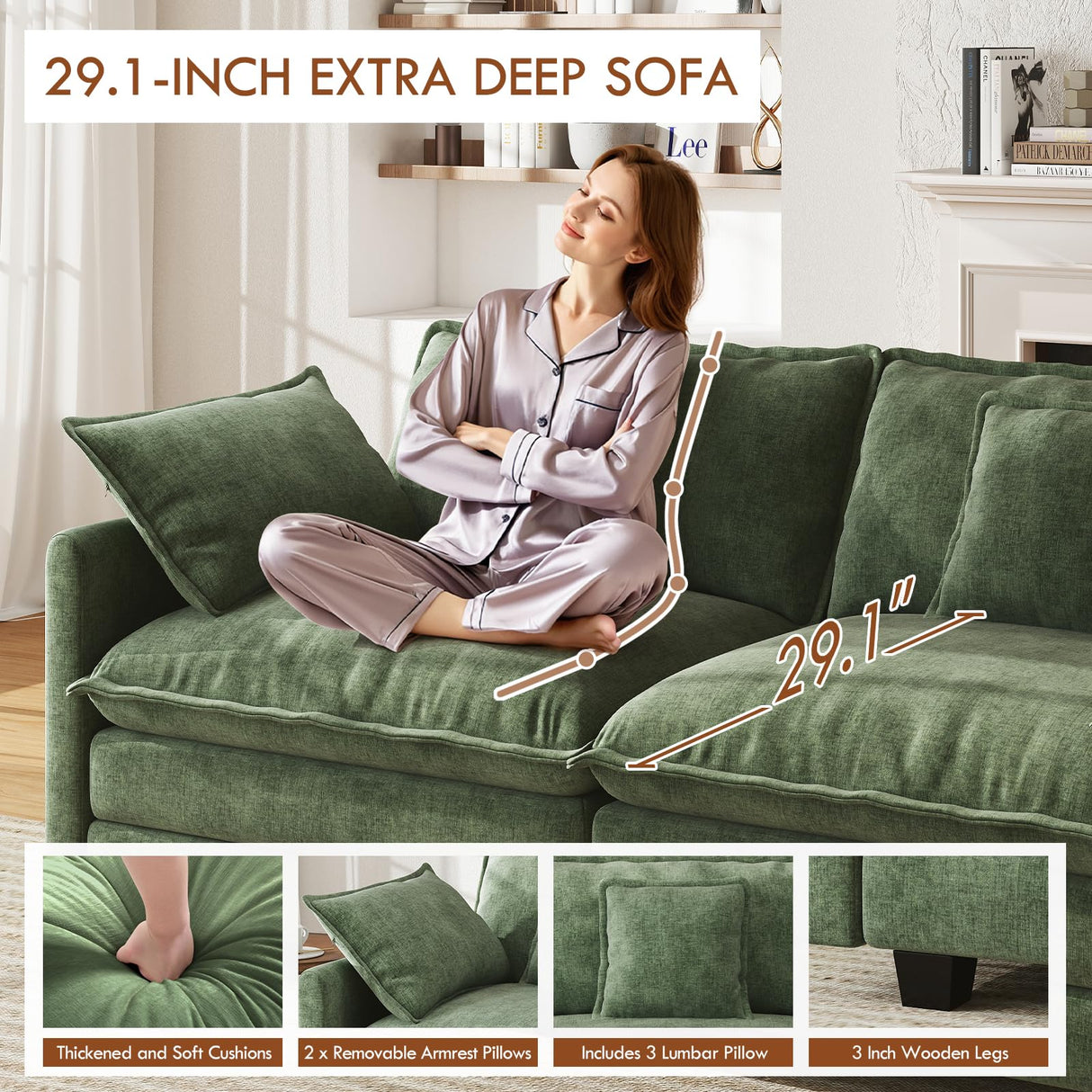 WorthFurni 111.4” Modular Sectional Sofa, U Shape Cloud Couch with 2 Movable Ottoman, Comfy Chenille Deep Seat Sofa with Soft Pillows for Living Room Apartment (Green) WorthFurni