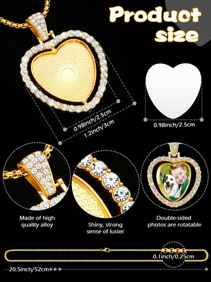 Junkin 24 Pcs Sublimation Rhinestone Trays Pendant Set, Including 6 Double Sided Blank Rhinestone Bezel Trays, 6 Pcs Thick Chains with 12 Sublimation Discs for Making (Gold, Silver, Rose Gold)