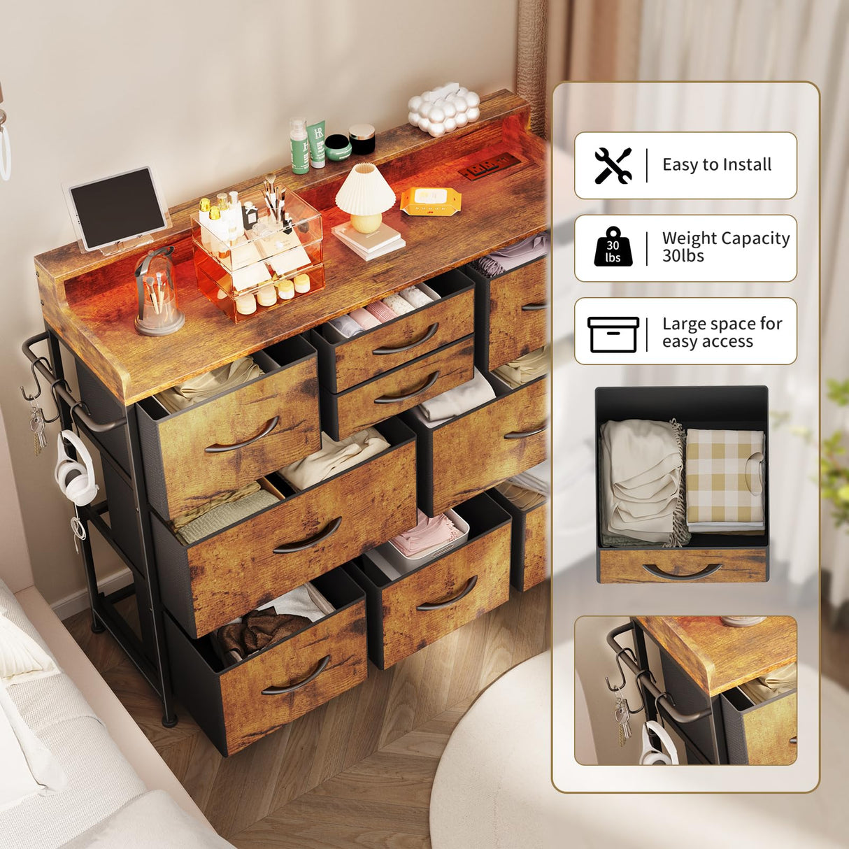 Leadpro Dresser with Charging Station and LED Lights, Dresser for Bedroom TV Stand Dresser with 9 Drawers, Fabric Drawers Storage Dresser Organizer for Living Room, Hallway, Closet (Rustic Brown) Leadpro