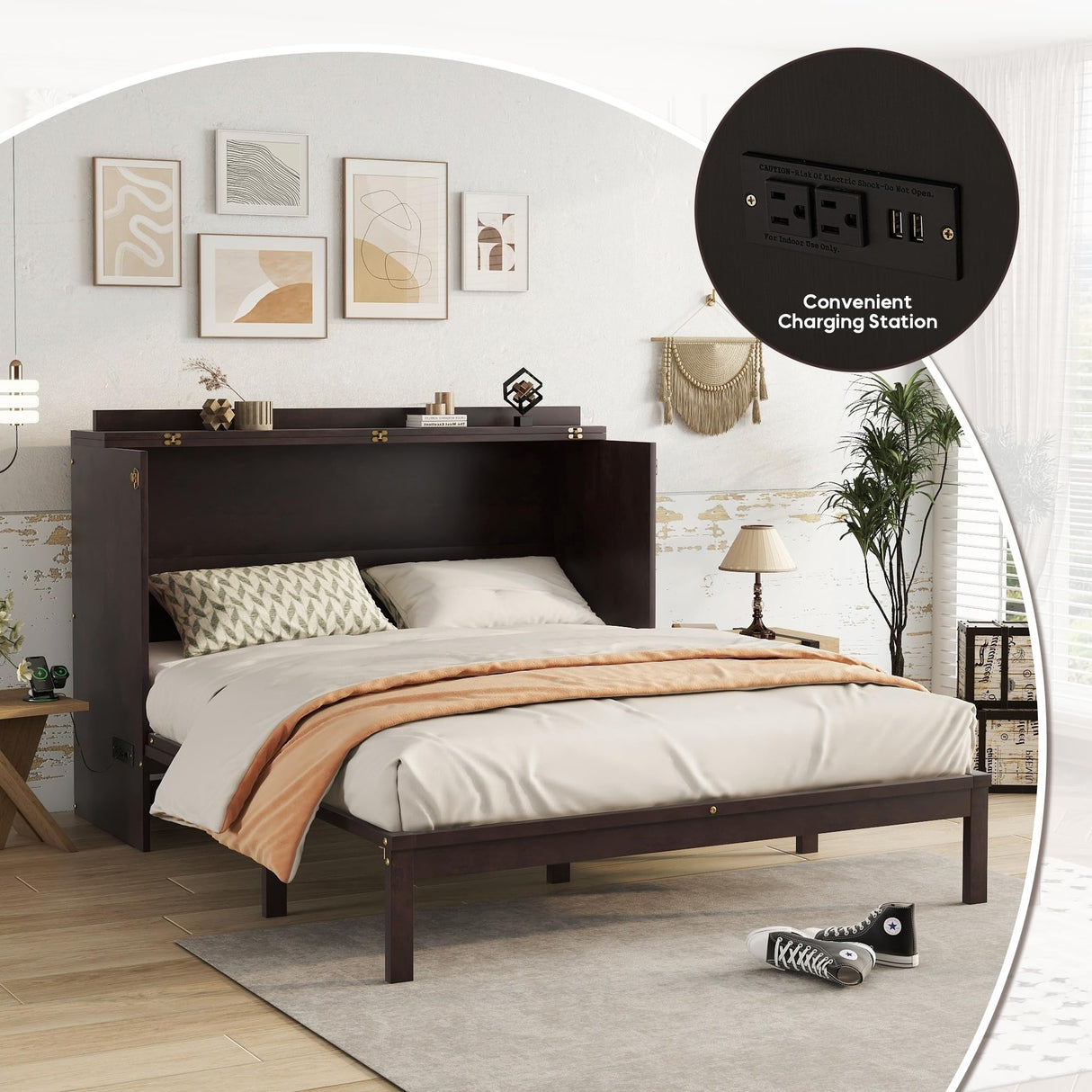 ZEIINPA Queen Murphy Bed Chest with Charging Station & Large Drawers, Wooden Cube Cabinet Bed with Foldable Bedframe for Apartment Living Room Bedroom(Mattress not Included) Espresso ZEIINPA