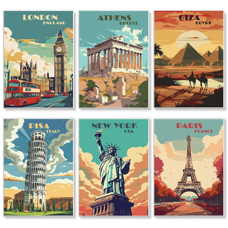 6 Pack Paint by Numbers Kit for Adults - Vintage Travel Adult Paint by Number Kits on Canvas for Beginner, Cityscape DIY Acrylic Oil Number Painting for Adults, Perfect for Home Decor 10x14 Inch GEEHEIY