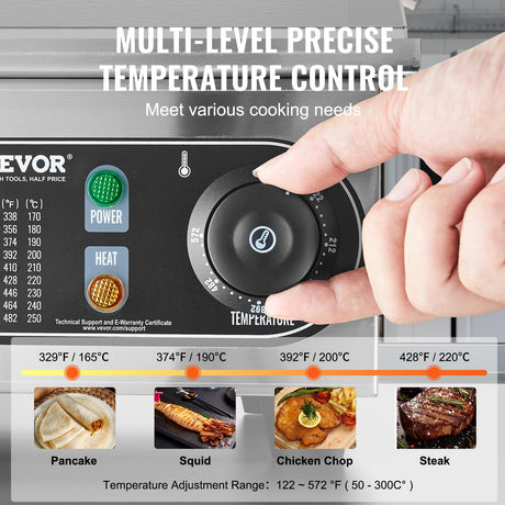 VEVOR Commercial Electric Griddle, 1600W Countertop Half-Flat Top Grill, 22in Stainless Steel Griddle Grill with 2 Shovels and 2 Brushes for Home or Restaurant, 122℉-572℉ Adjustable Temp VEVOR