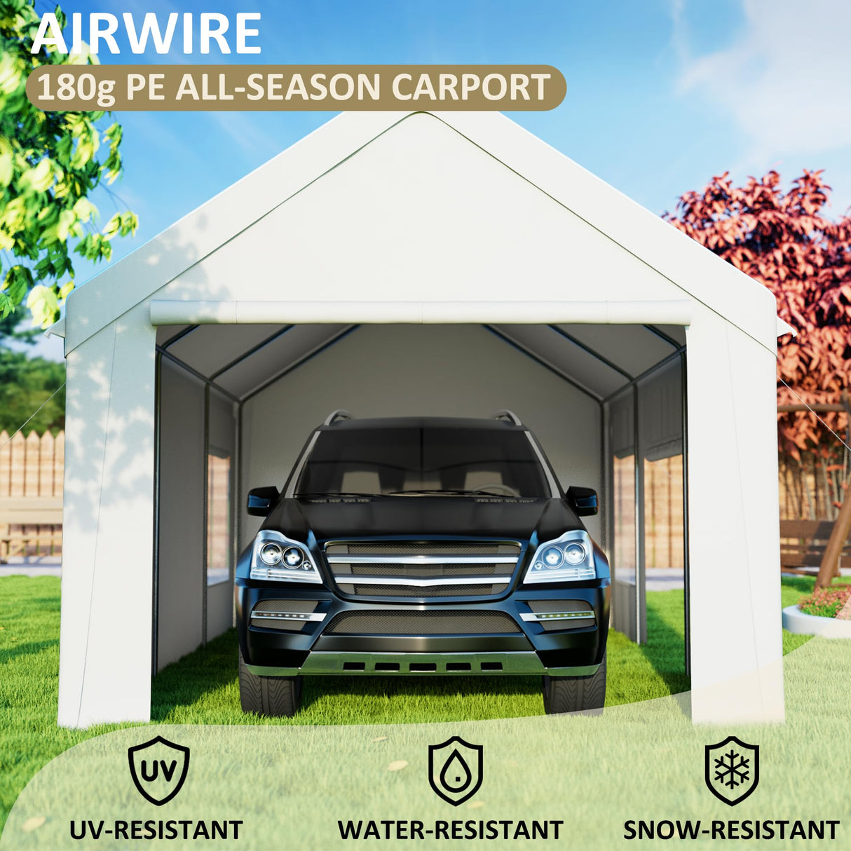 AirWire Carport 12' x 20' Heavy Duty Portable Garage, Carport Canopy with Side-Opening Door & Roll-Up Windows, Car Canopy Reinforced Four-Hole Base for Car, Truck, Boat, Party, White AirWire