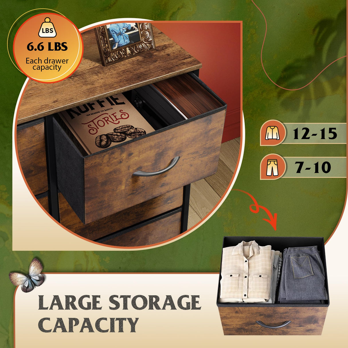 WLIVE Tall Fabric Dresser with 8 Drawers, Storage Tower with Fabric Bins, Double Dresser, Chest of Drawers for Closet, Bedroom, Living Room, Hallway, Dorm, Rustic Brown Wood Grain Print WLIVE