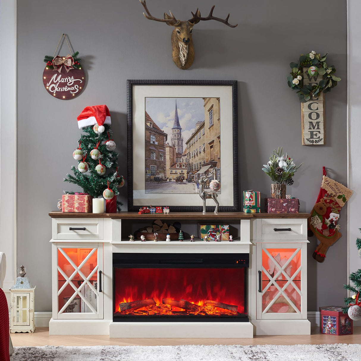 OKD Farmhouse TV Stand with Fireplace, 70'' Entertainment Center Stand with 36" 3-Sided Glass Electric Fireplace for TVs Up to 80 in, with 2 Drawers & 2 Storage Cabinet for Living Room, Antique White OKD