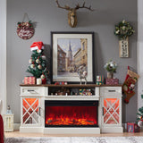 OKD Farmhouse TV Stand with Fireplace, 70'' Entertainment Center Stand with 36" 3-Sided Glass Electric Fireplace for TVs Up to 80 in, with 2 Drawers & 2 Storage Cabinet for Living Room, Antique White OKD